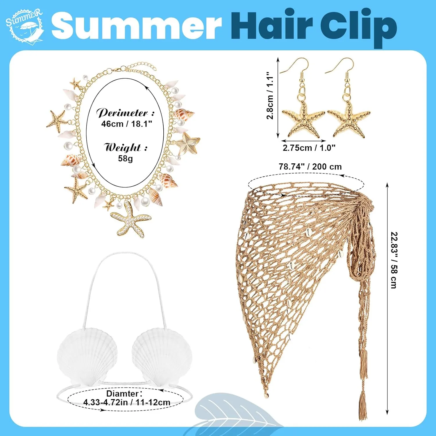 7 Pcs Summer Mermaid Costume Accessories Women Beach Crochet Skirt Shell Necklace Earring Purse Hair Clip Mermaid Bra