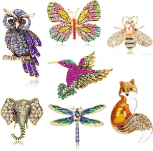 7 PCS Women Brooches Pins Bulk, Rhinestone Crystal Vintage Brooches, Hummingbird Owl Butterfly Bee Dragonfly Animal Brooch Pin for Women Gifts