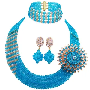 aczuv 5 Rows Nigerian Beads Jewelry Set African Beads Necklace Wedding Party Jewelry Sets Lake Blue Champagne Gold AB