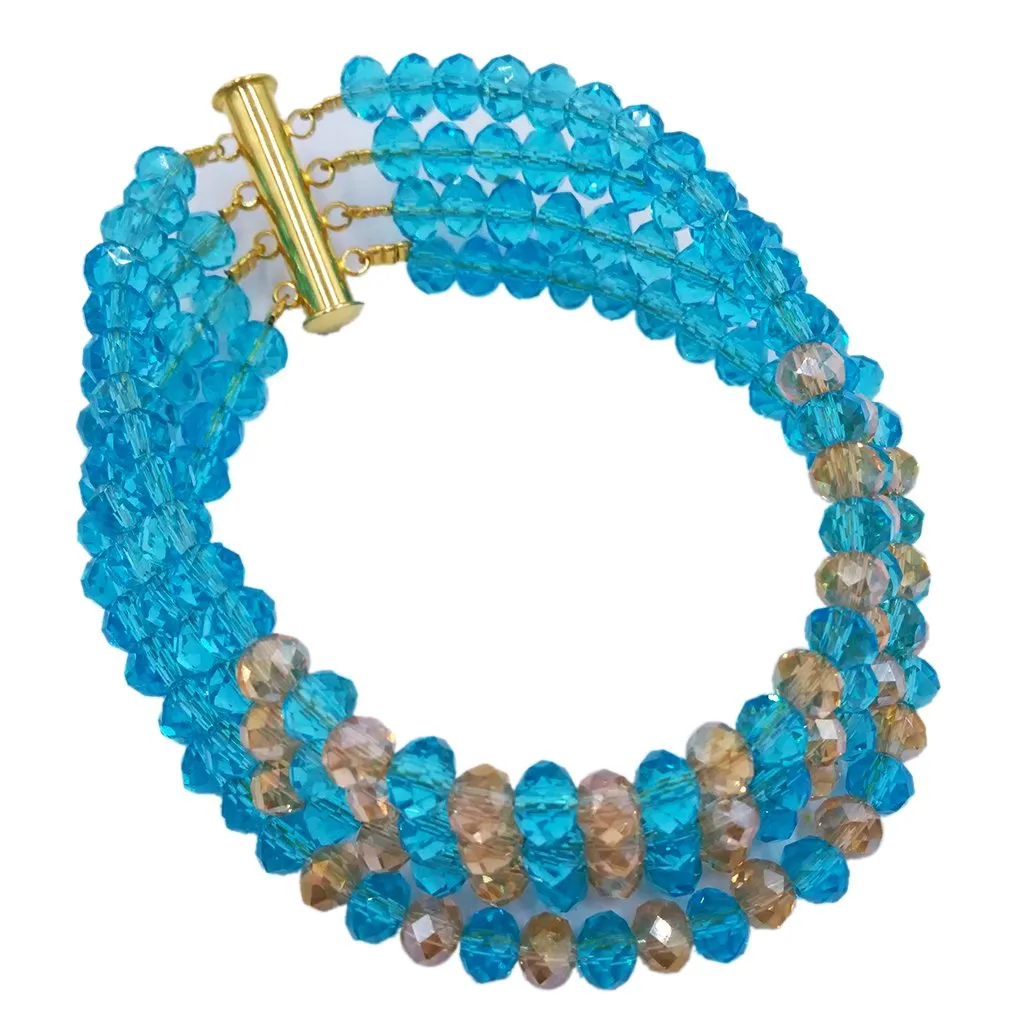 aczuv 5 Rows Nigerian Beads Jewelry Set African Beads Necklace Wedding Party Jewelry Sets Lake Blue Champagne Gold AB
