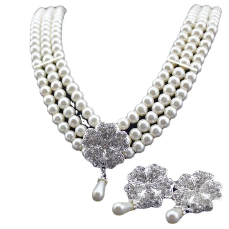 BELLA Design Women's Luxury Style Fashion Vintage Elegant Clover Leaves Multi-Layer Pearl Jewelry Set