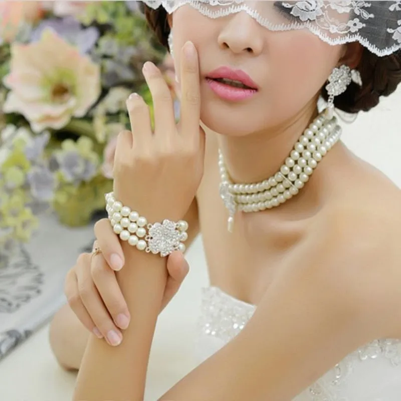 BELLA Design Women's Luxury Style Fashion Vintage Elegant Clover Leaves Multi-Layer Pearl Jewelry Set