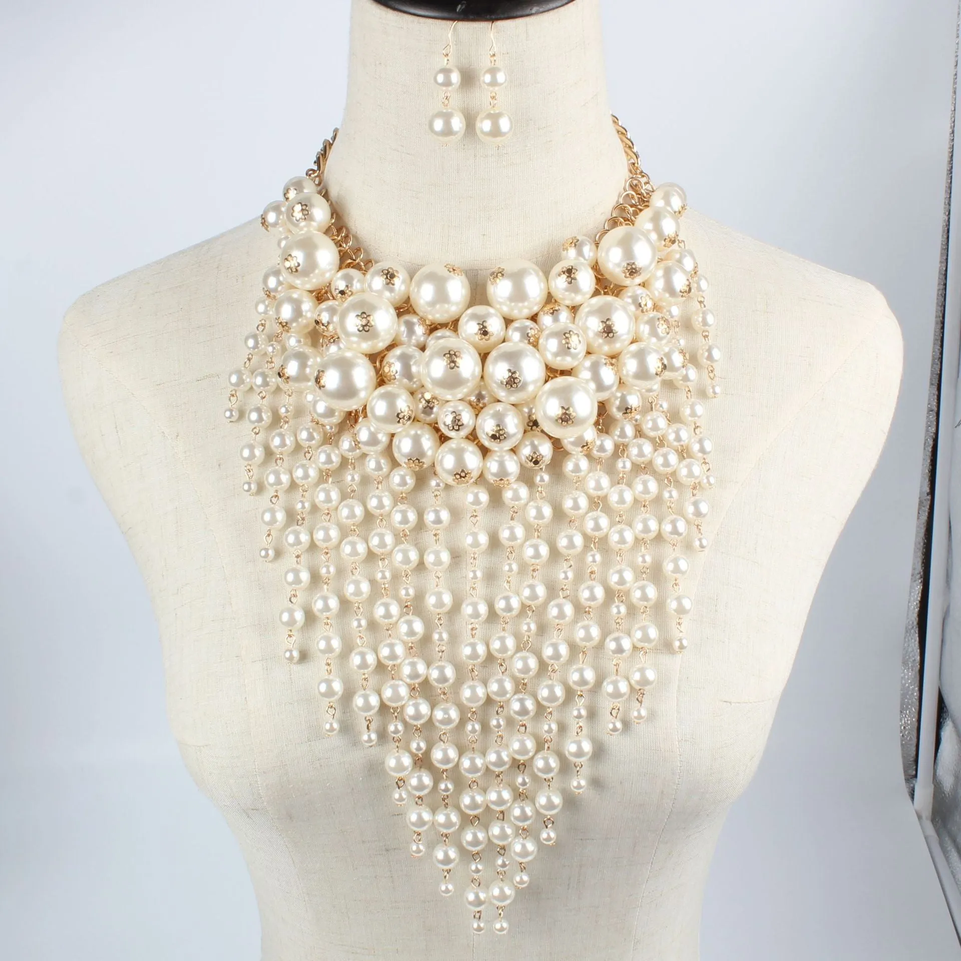 Big Multi-layer Imitation Pearl Tassel Statement Exaggerate Jewelry