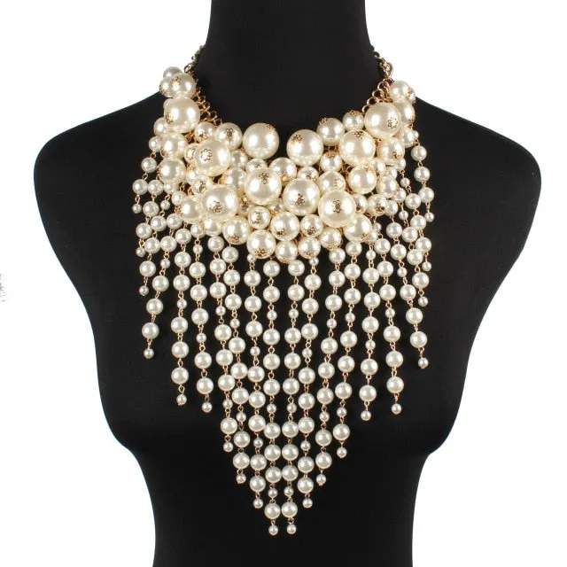 Big Multi-layer Imitation Pearl Tassel Statement Exaggerate Jewelry