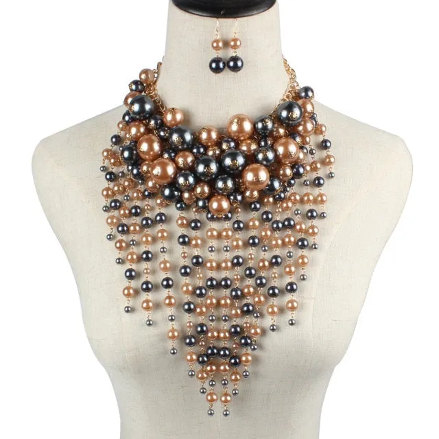 Big Multi-layer Imitation Pearl Tassel Statement Exaggerate Jewelry