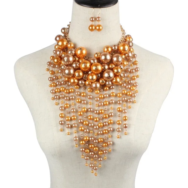 Big Multi-layer Imitation Pearl Tassel Statement Exaggerate Jewelry