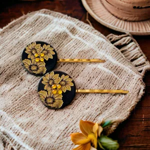 Black & Gold Sunflower Gold Bobby Pin Set- Elegant Floral Hair Accessory