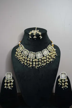 Black Colour Gold Plated Pearl Choker Necklace with Earring & Maang Tikka