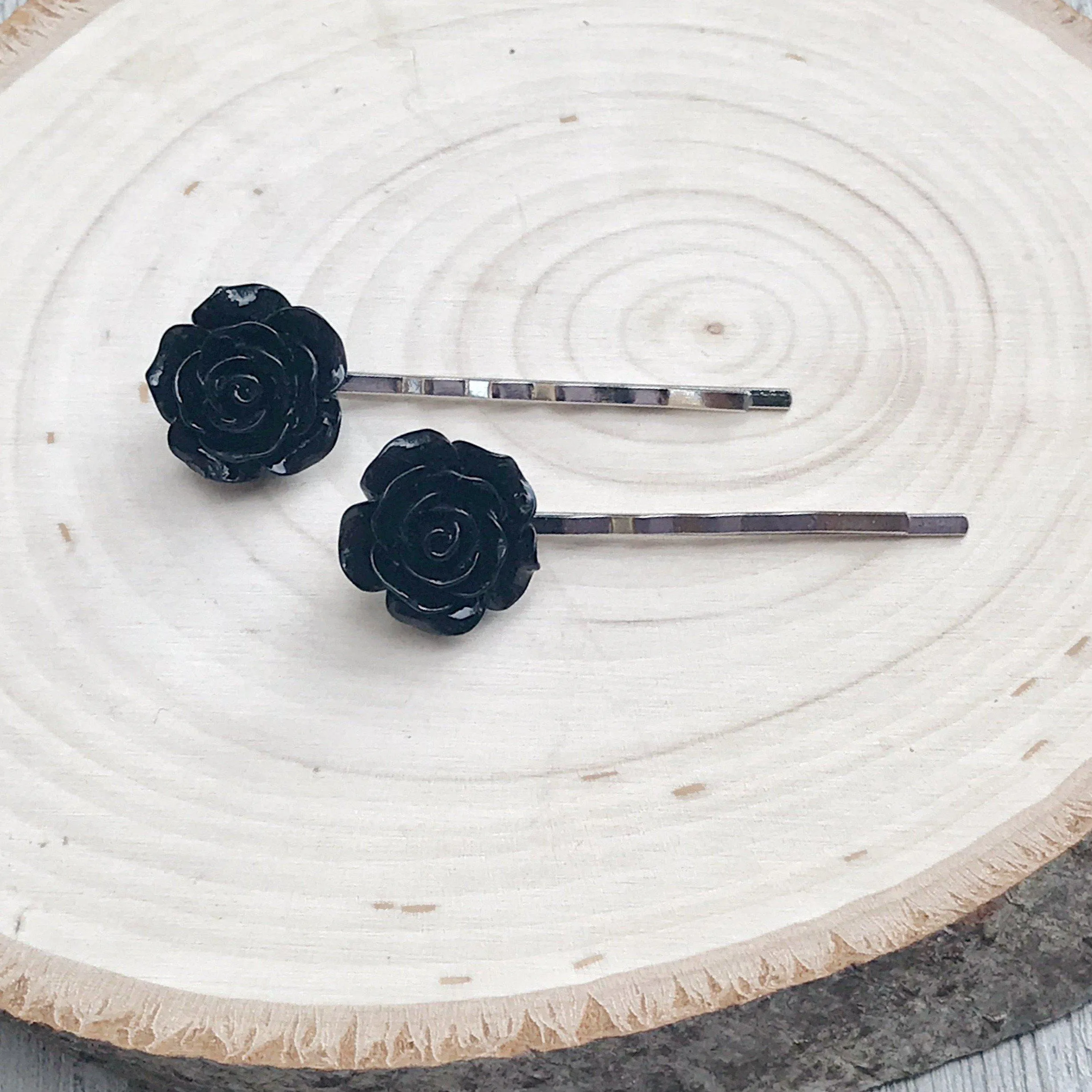 Black Rose Flower Hair Pins - Elegant & Timeless Floral Accessories