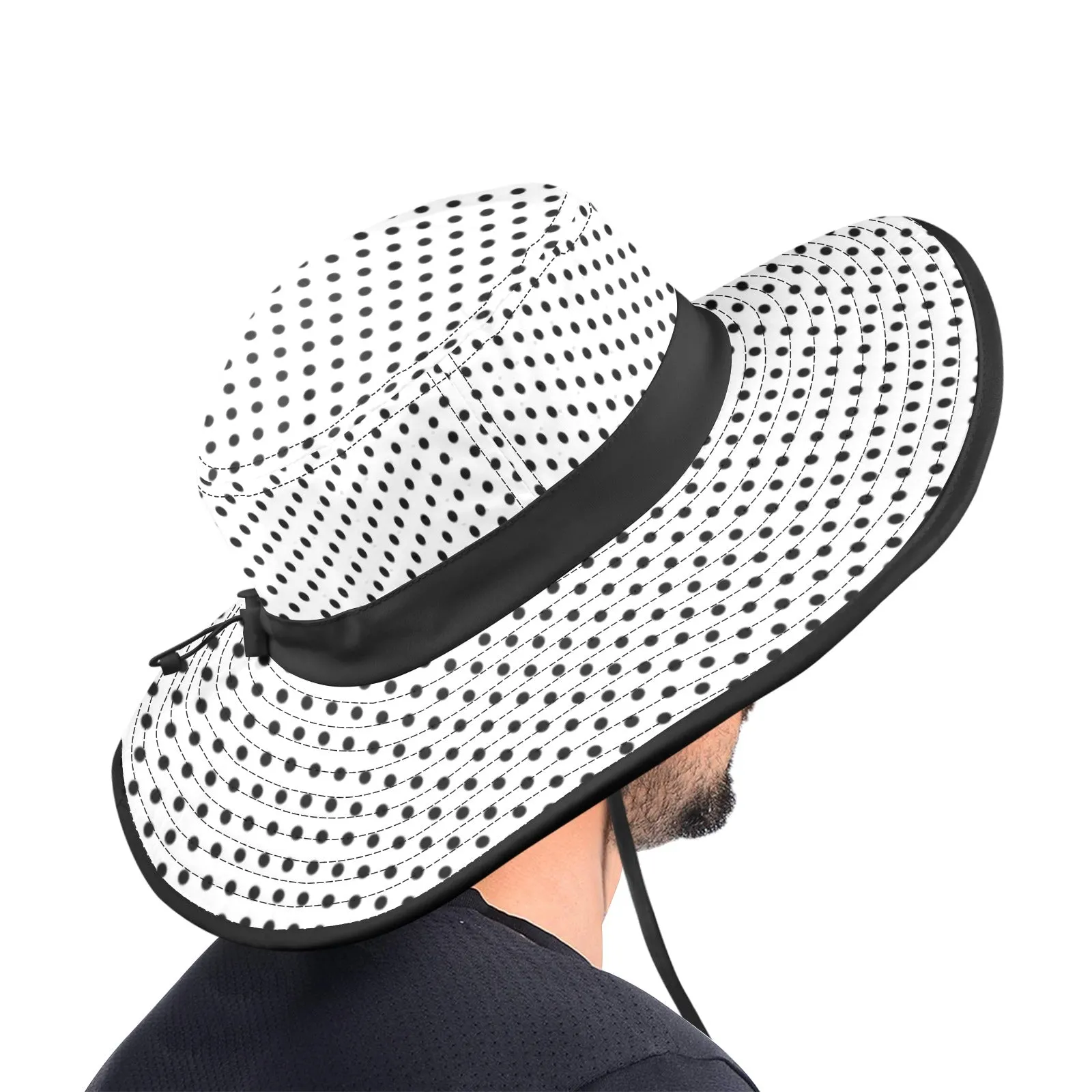 blk on wht polka dot print Wide Brim Bucket Hat