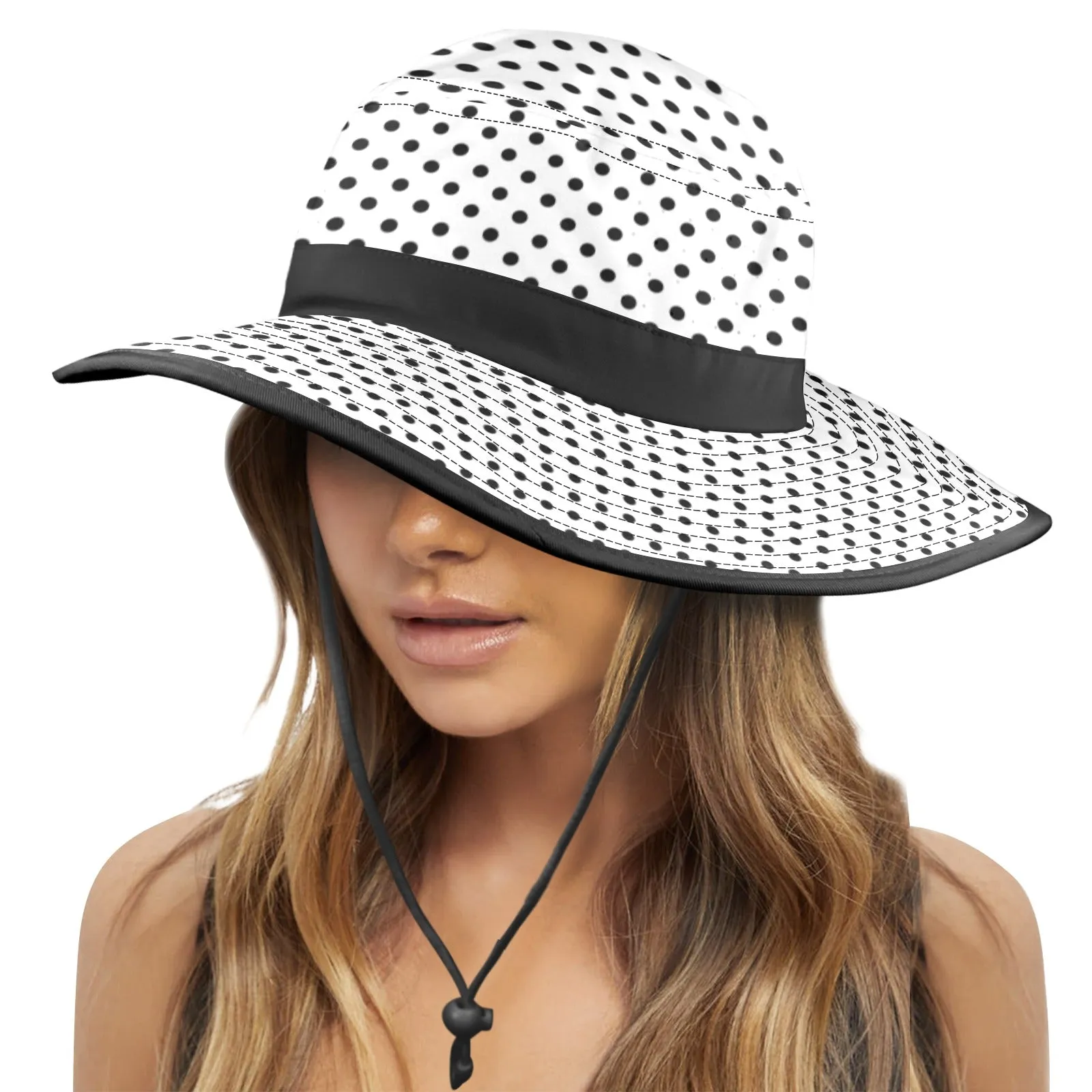 blk on wht polka dot print Wide Brim Bucket Hat