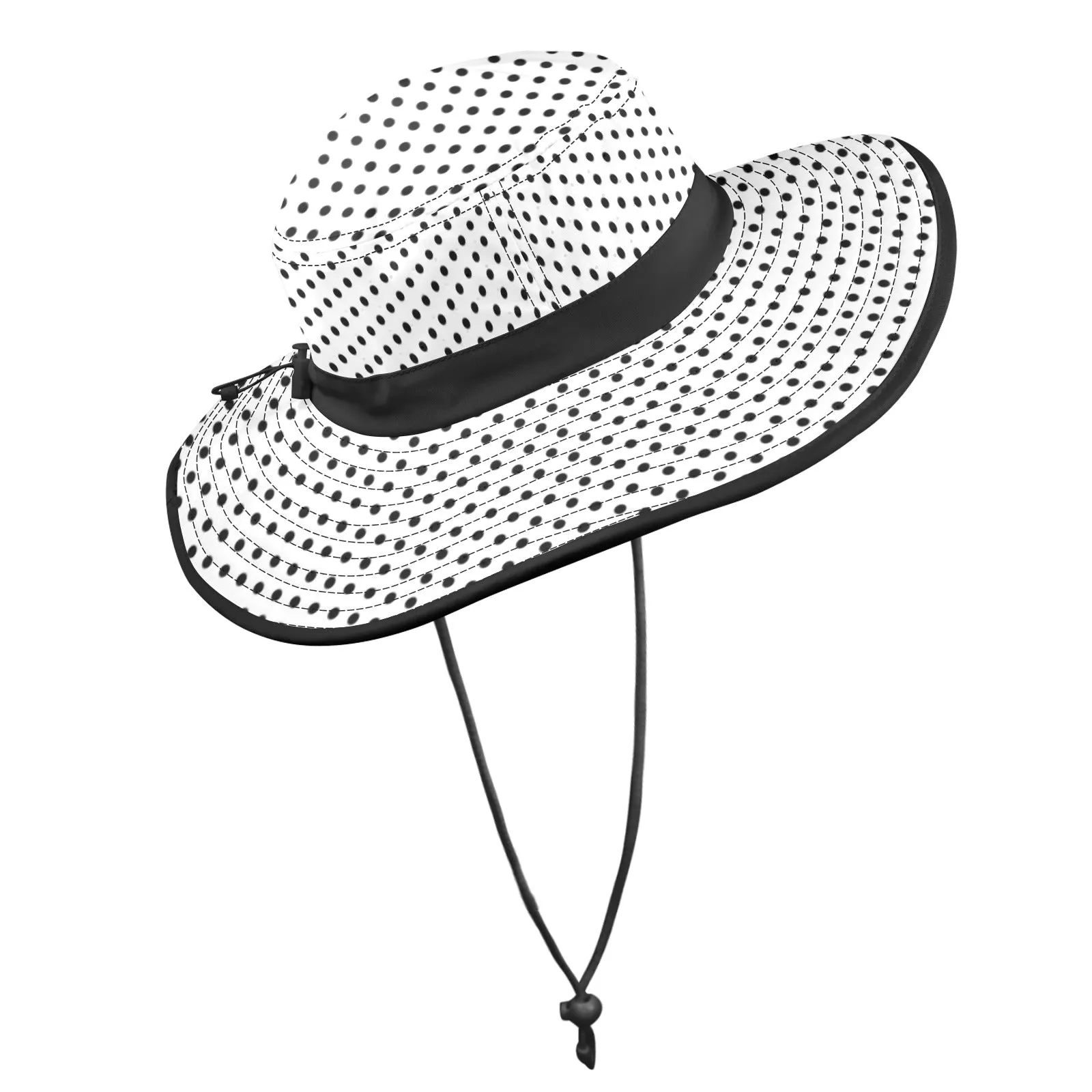 blk on wht polka dot print Wide Brim Bucket Hat