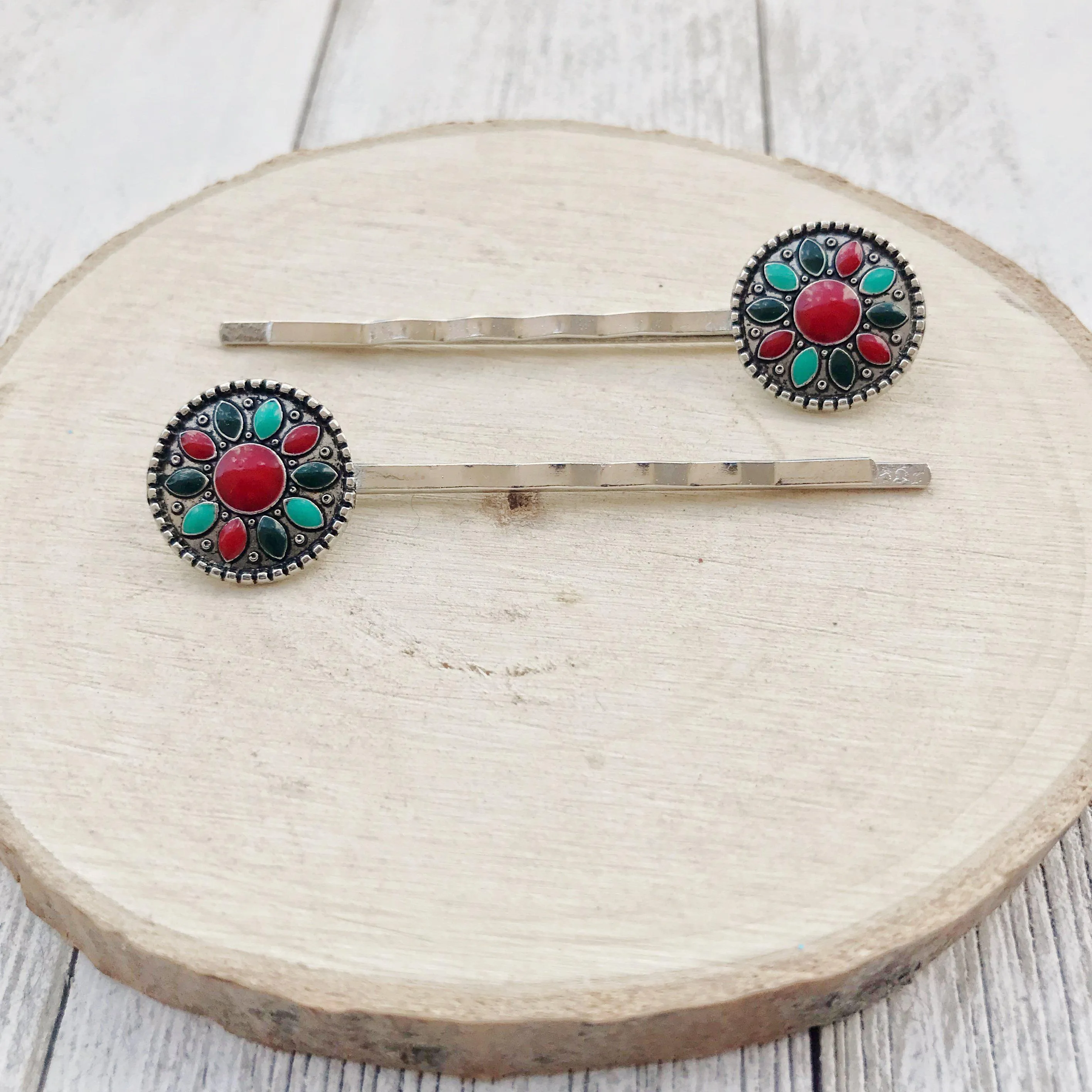 Boho Western Turquoise Medallion Hair Pins - Set of 2 Stylish Accessories