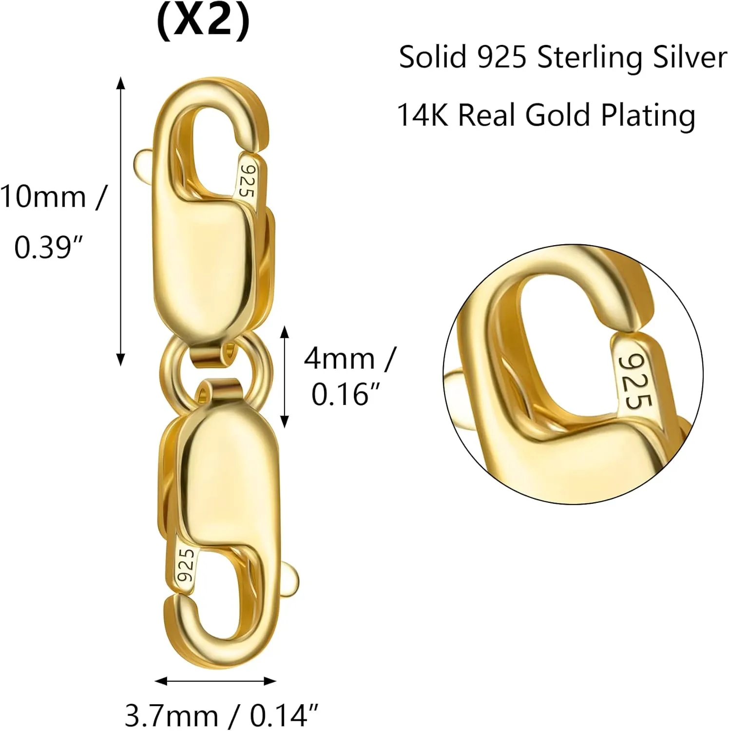 Bracelet Extender Gold Necklace Clasps and Closures 14K Gold Plated 925 Sterling Silver Double Lobster Clasp Double Claw Connector for DIY Jewelry Making2pcs