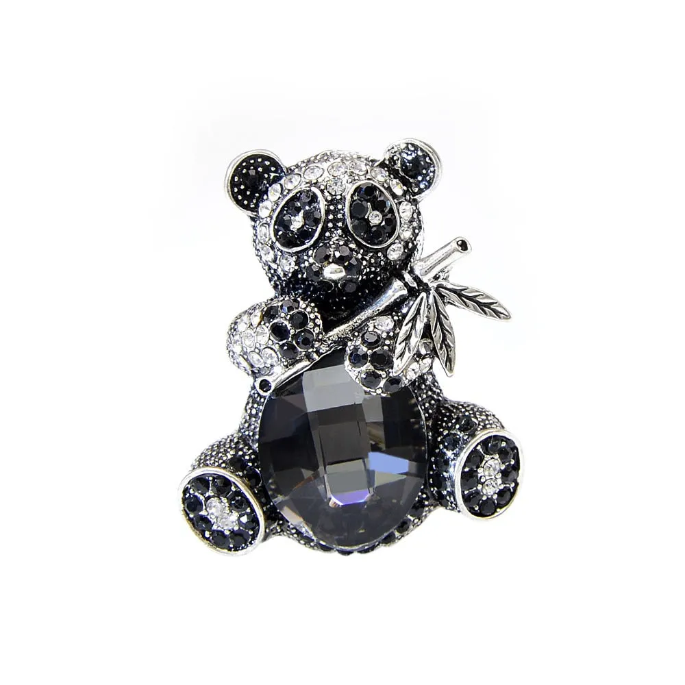 Cute Rhinestone Eat Bamboo Panda Brooches For Women