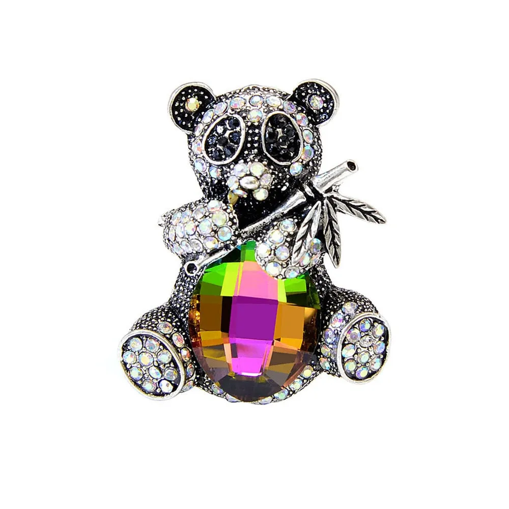 Cute Rhinestone Eat Bamboo Panda Brooches For Women