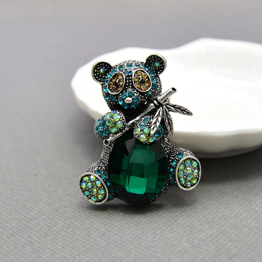 Cute Rhinestone Eat Bamboo Panda Brooches For Women