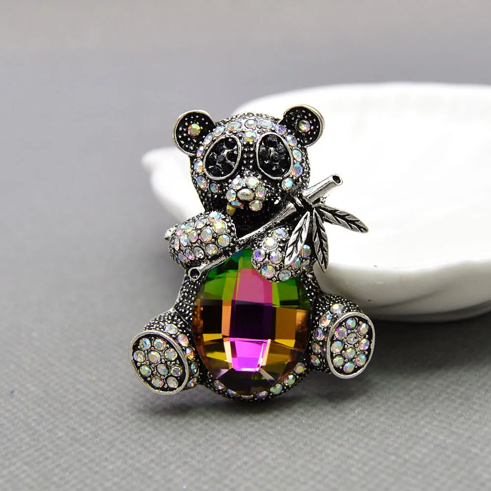 Cute Rhinestone Eat Bamboo Panda Brooches For Women