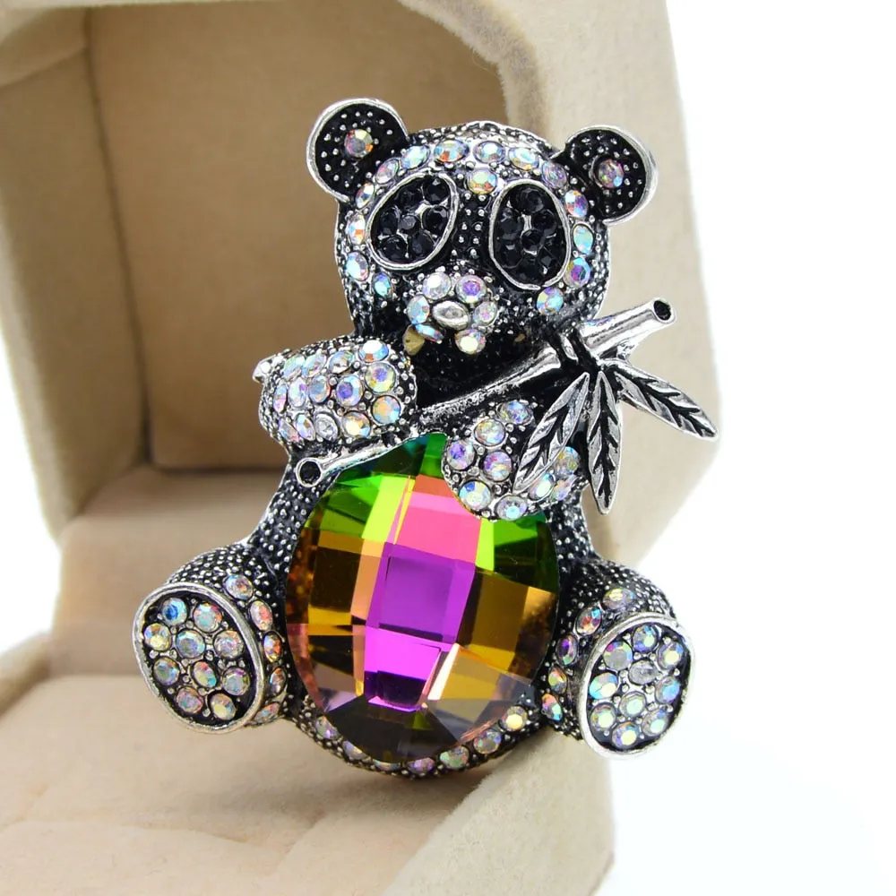 Cute Rhinestone Eat Bamboo Panda Brooches For Women