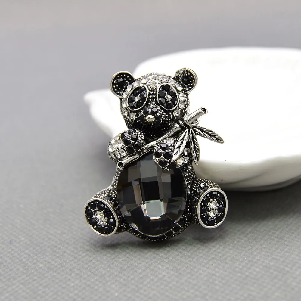 Cute Rhinestone Eat Bamboo Panda Brooches For Women