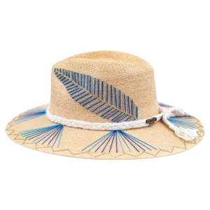 Exclusive Blue Feather, Natural Palm Hat by Corazon Playero