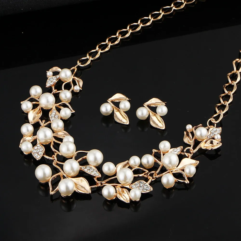 Fashion Jewelry Necklace and Earrings Set - Simulated Pearl Crystal Leaf Necklace
