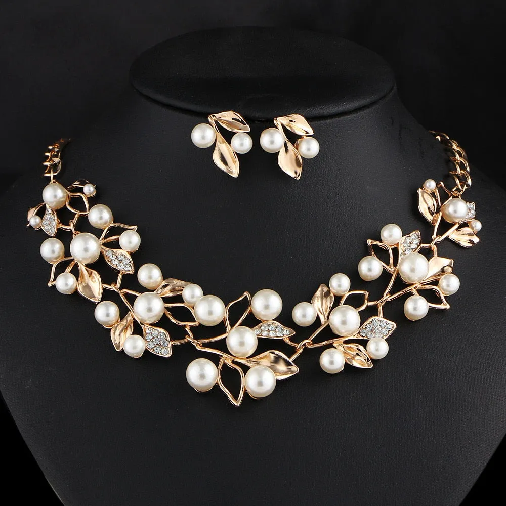 Fashion Jewelry Necklace and Earrings Set - Simulated Pearl Crystal Leaf Necklace