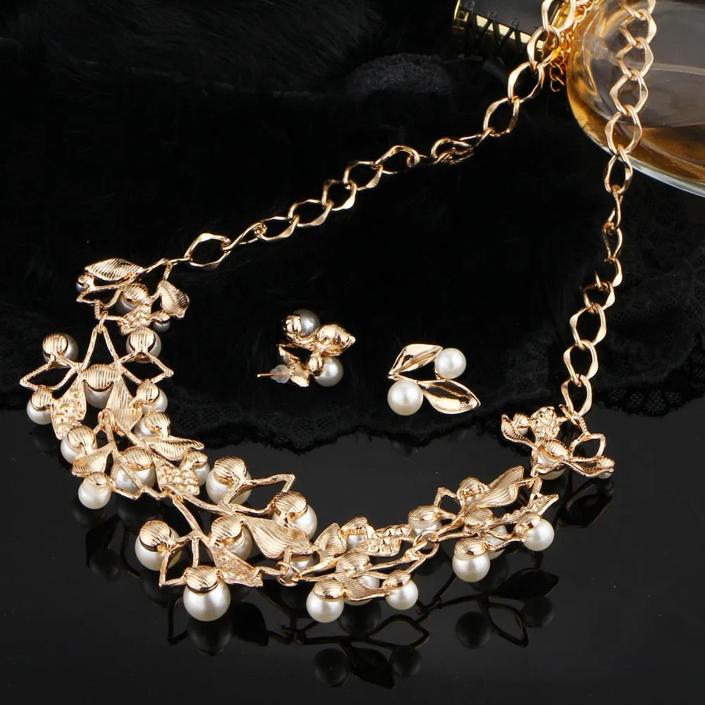 Fashion Jewelry Necklace and Earrings Set - Simulated Pearl Crystal Leaf Necklace