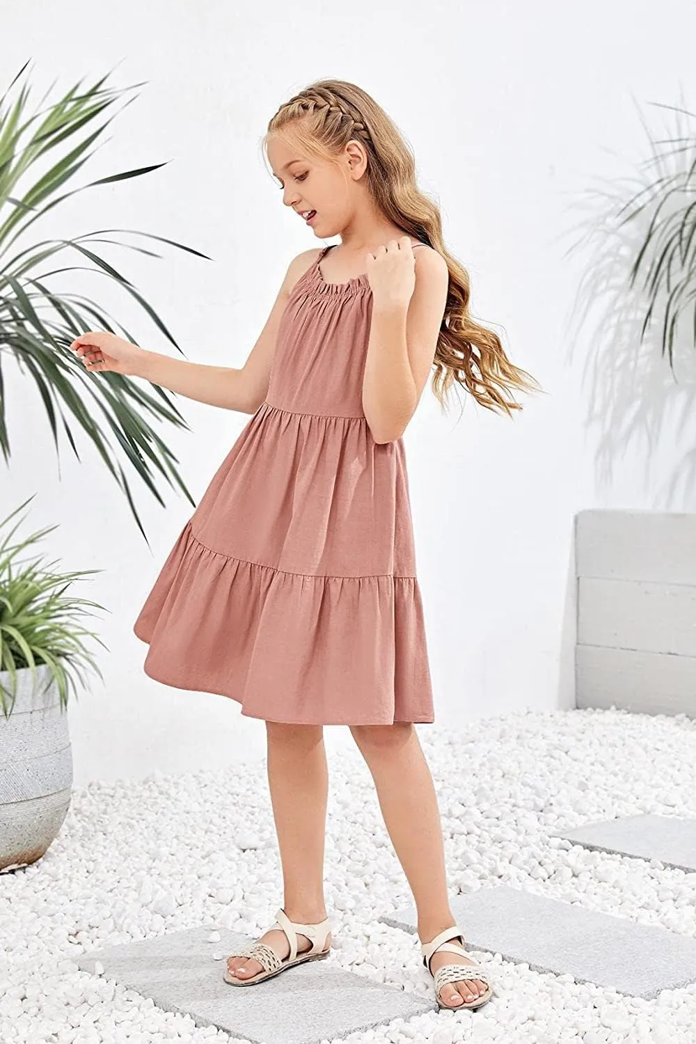 Fommykin Girl's Sundress Kids Spaghetti Strap Beach Linen Flowy Dress Cute Tiered Cami Tank Dress for 6-14 Years
