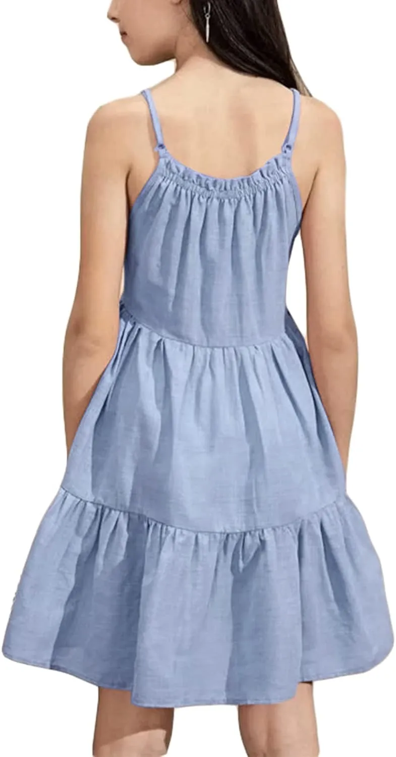 Fommykin Girl's Sundress Kids Spaghetti Strap Beach Linen Flowy Dress Cute Tiered Cami Tank Dress for 6-14 Years