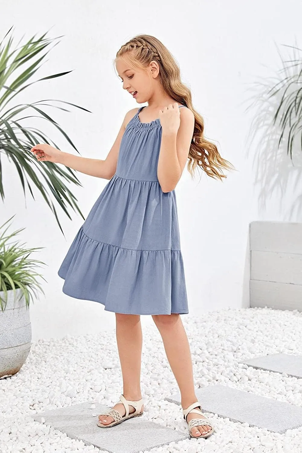 Fommykin Girl's Sundress Kids Spaghetti Strap Beach Linen Flowy Dress Cute Tiered Cami Tank Dress for 6-14 Years