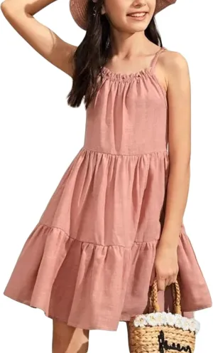 Fommykin Girl's Sundress Kids Spaghetti Strap Beach Linen Flowy Dress Cute Tiered Cami Tank Dress for 6-14 Years