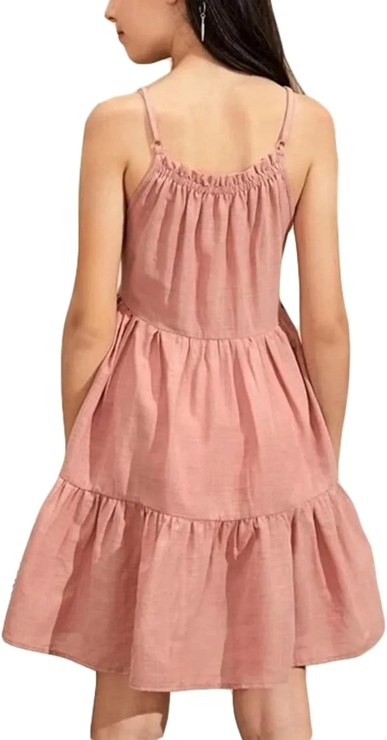 Fommykin Girl's Sundress Kids Spaghetti Strap Beach Linen Flowy Dress Cute Tiered Cami Tank Dress for 6-14 Years