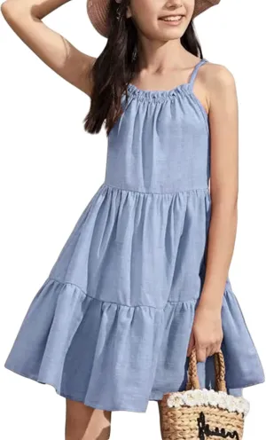 Fommykin Girl's Sundress Kids Spaghetti Strap Beach Linen Flowy Dress Cute Tiered Cami Tank Dress for 6-14 Years