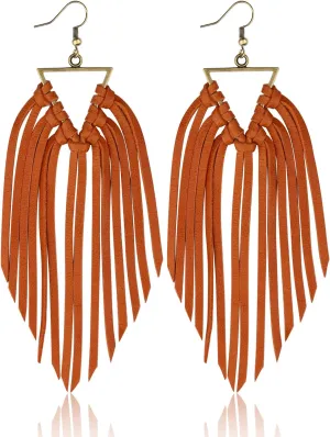 Fringe Leather Earrrings Triangle Deerskin Leather Boho Western Statement Dangel Earrings for Women