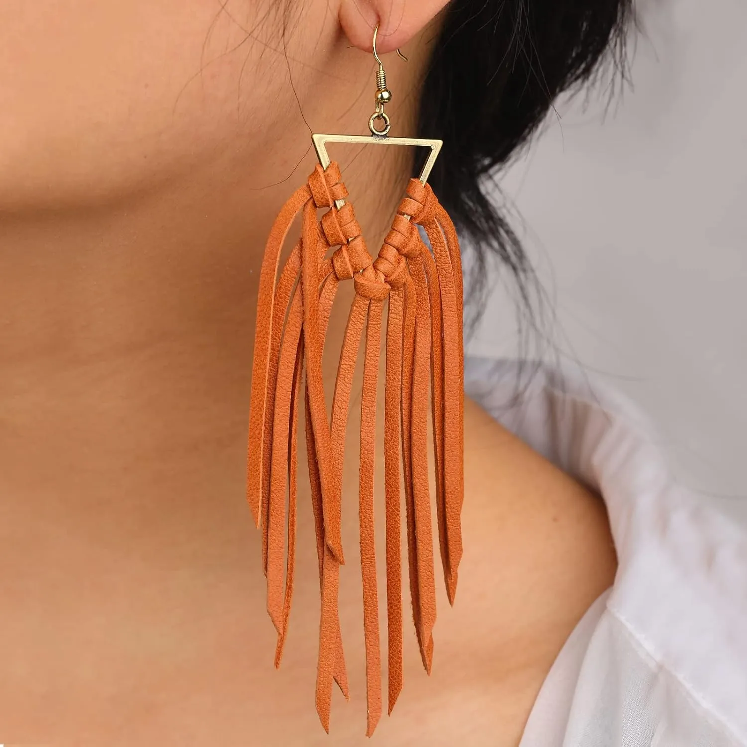 Fringe Leather Earrrings Triangle Deerskin Leather Boho Western Statement Dangel Earrings for Women
