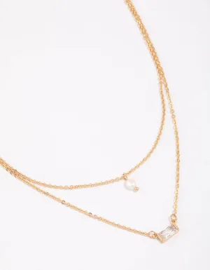 Gold Baguette Pearl Layered Necklace & Polishing Set