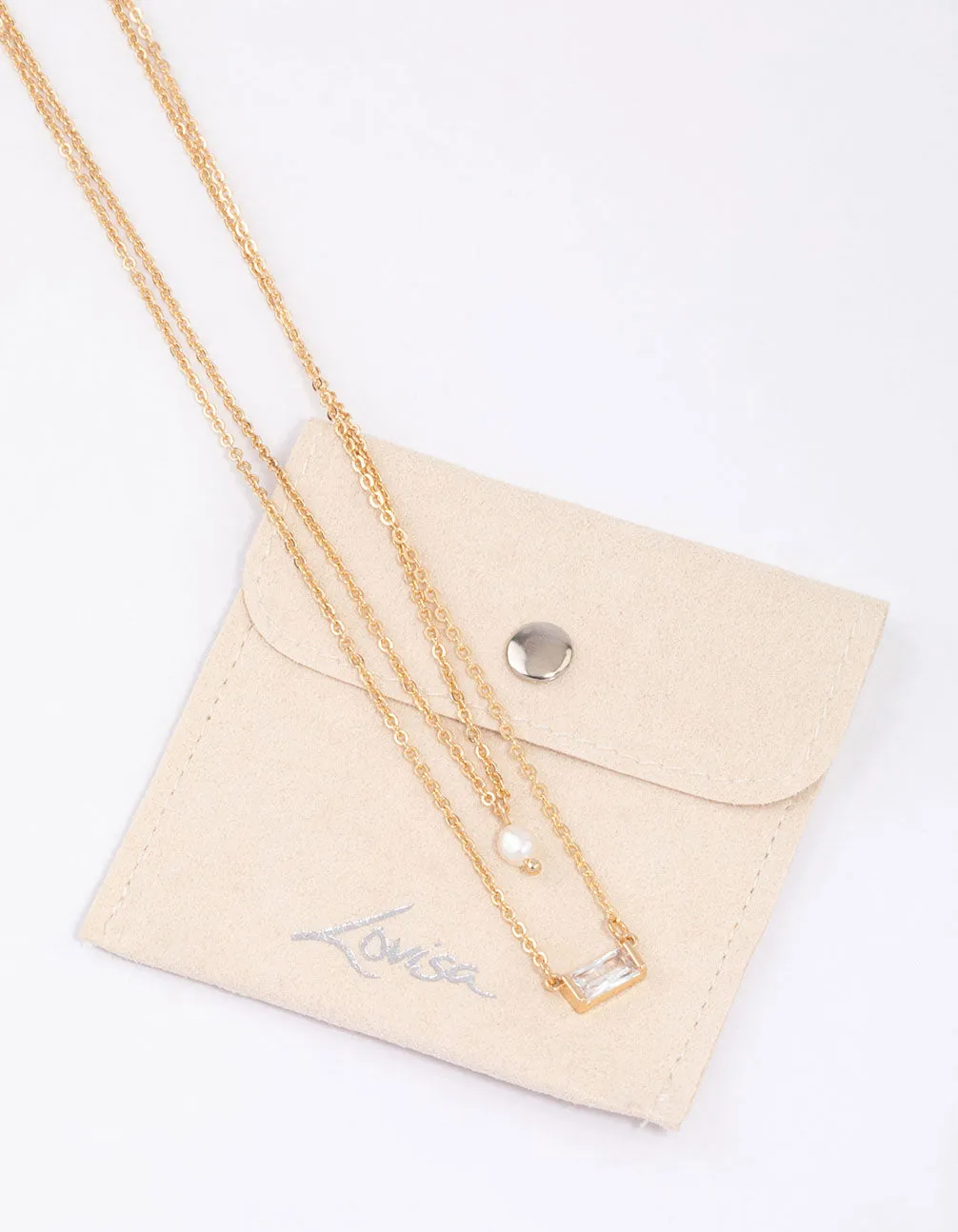 Gold Baguette Pearl Layered Necklace & Polishing Set