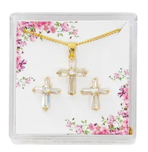 Gold Crystal Baguette Cross Earrings and Pendant Set