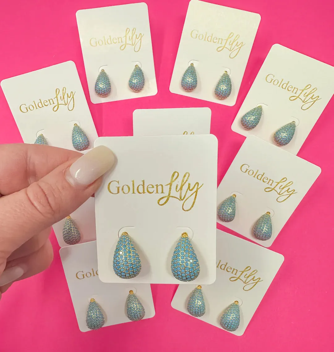 Golden Lily: Rhinestone Drop Earrings - Turquoise