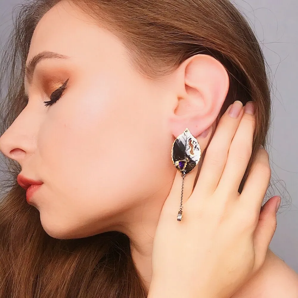 Gothic Leaves Purple Zircon Tassels Woman Earrings