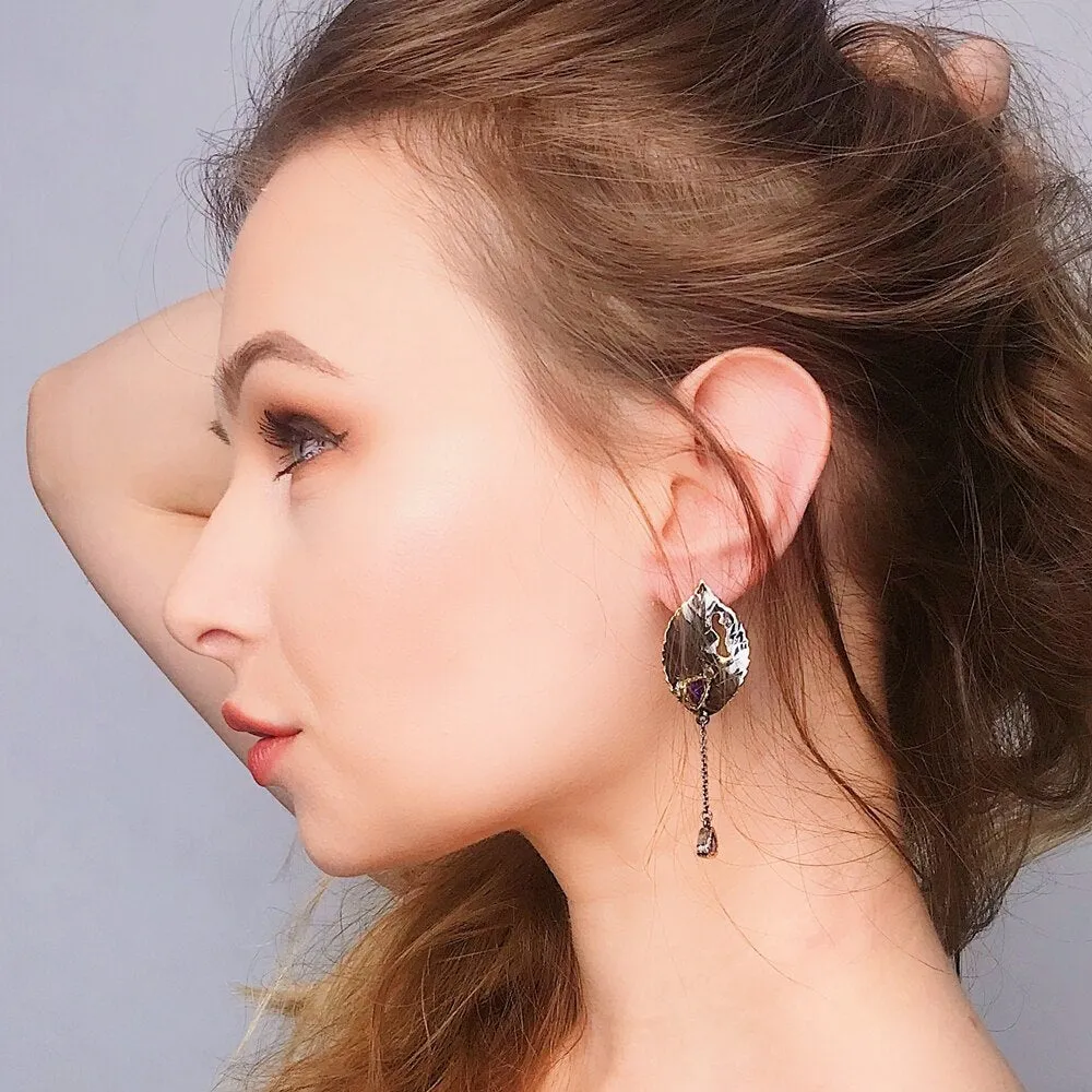Gothic Leaves Purple Zircon Tassels Woman Earrings