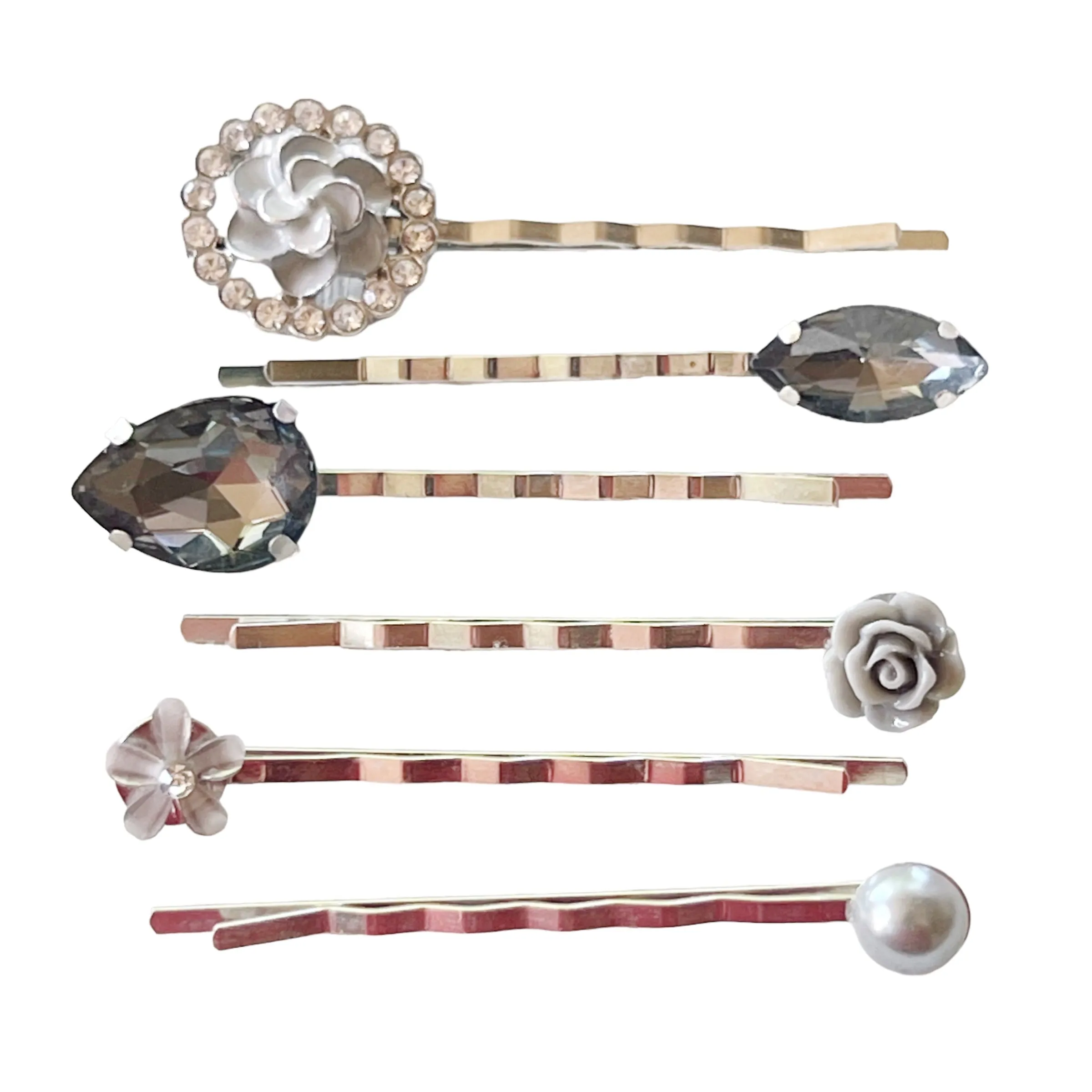 Gray Flower Rhinestone Hair Pins: Elegant Accents for Stylish Hairdos