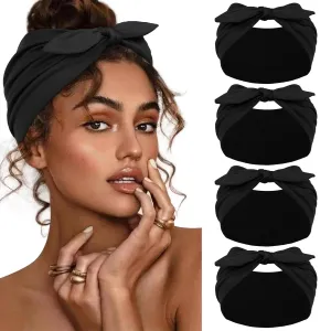 Huachi 4 Packs Black Bow Headbands for Women Girls, Wide Head Bands for Women's Hair Non Slip Soft Elastic Hair Bands, African Thick Workout Gym Turban Bandanas Head Wraps Hair Accessories