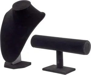 Juvale 2-Piece Black Velvet Jewelry Display Set, T-Bar Stand and Mannequin Bust for Necklaces, Bracelets, Bangles, Chains, Anklets, Earring Holder for Retail Shops, Boutiques