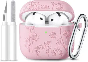 Lerobo for Airpods 4 Case Cover with Cleaner Kit, Cute Flower Engraved Silicone Protective Case Cover with Keychain Compatible with Apple Airpods 4 Case 2024 for Women and Girls, Pink