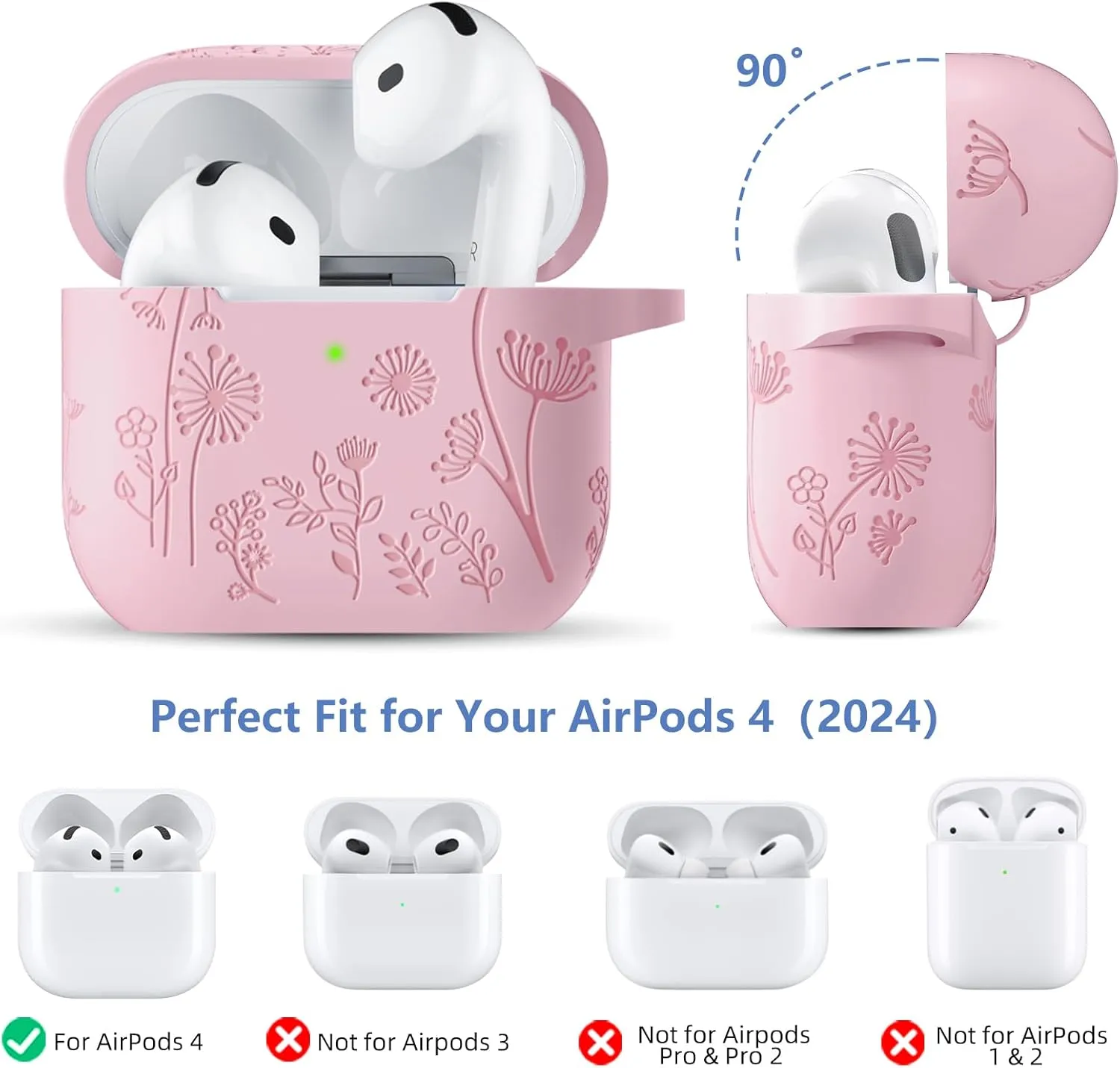 Lerobo for Airpods 4 Case Cover with Cleaner Kit, Cute Flower Engraved Silicone Protective Case Cover with Keychain Compatible with Apple Airpods 4 Case 2024 for Women and Girls, Pink