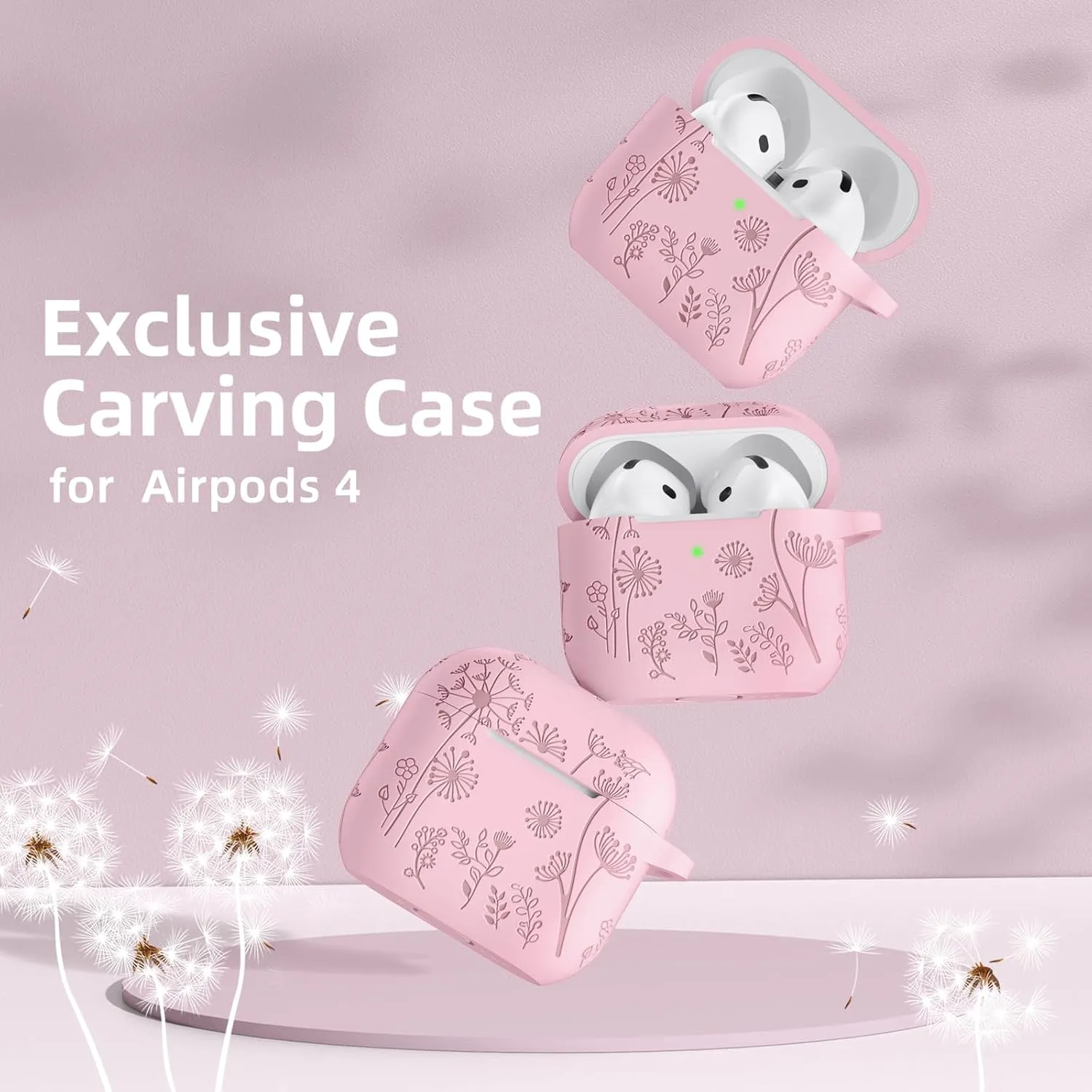 Lerobo for Airpods 4 Case Cover with Cleaner Kit, Cute Flower Engraved Silicone Protective Case Cover with Keychain Compatible with Apple Airpods 4 Case 2024 for Women and Girls, Pink
