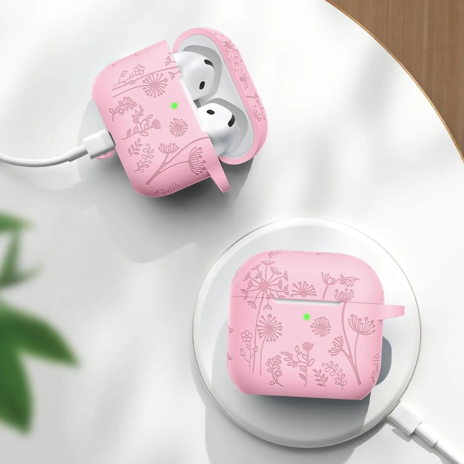 Lerobo for Airpods 4 Case Cover with Cleaner Kit, Cute Flower Engraved Silicone Protective Case Cover with Keychain Compatible with Apple Airpods 4 Case 2024 for Women and Girls, Pink