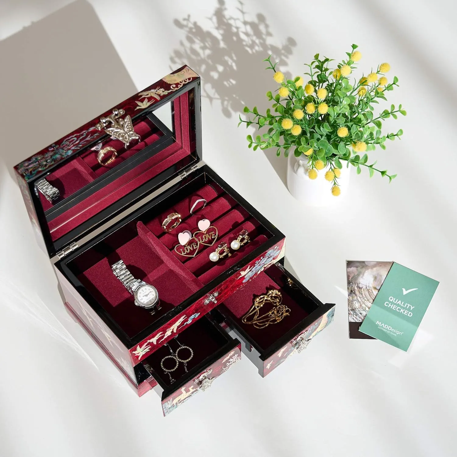 MADDesign Mother of Pearl Lacquered Jewelry Box Two Level Cranes (Red)